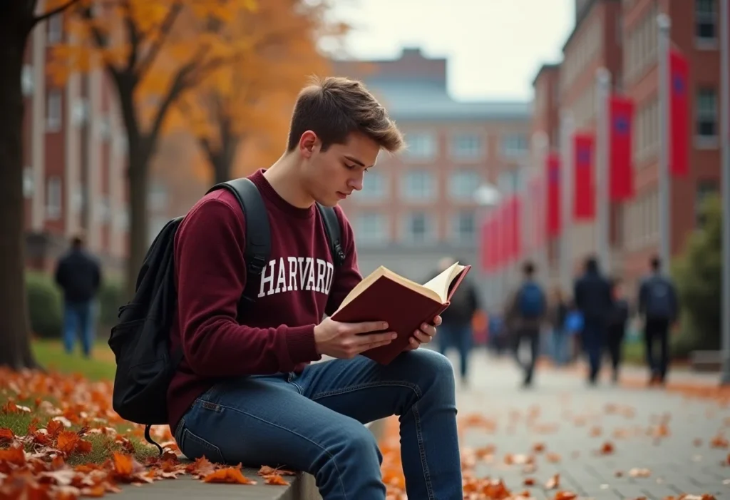 Estudante lendo um livro na universidade em Harvard