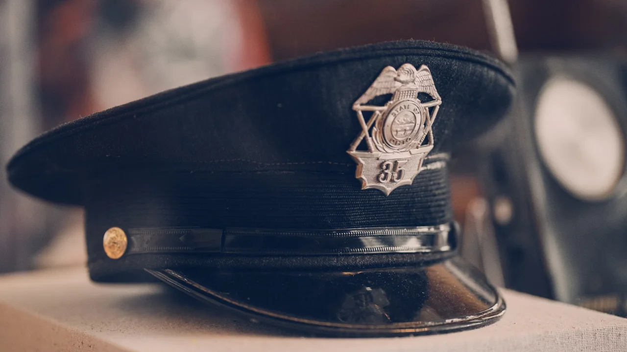 Chapéu de policial em cima de uma mesa