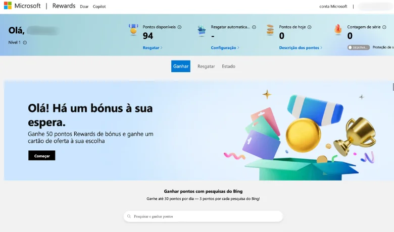 Cuenta Microsoft iniciada en el sitio web de Microsoft Rewards
