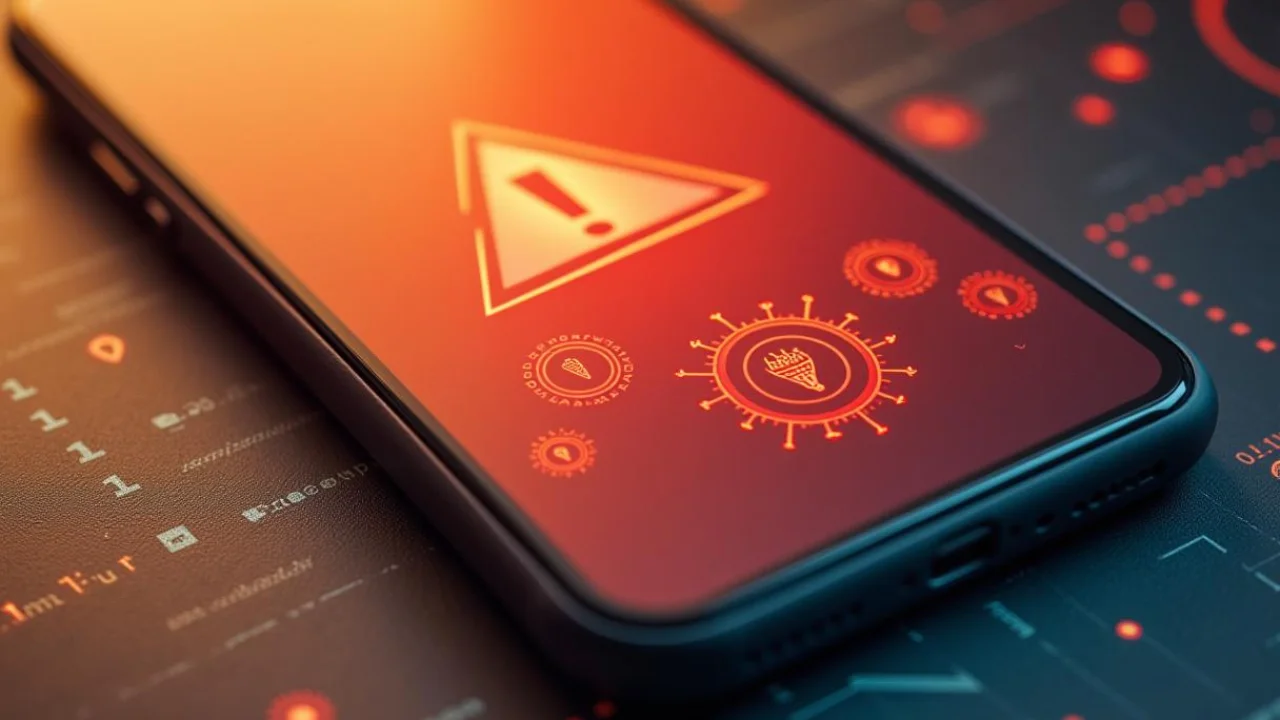 Téléphone portable avec écran antivirus ouvert avec alerte orange