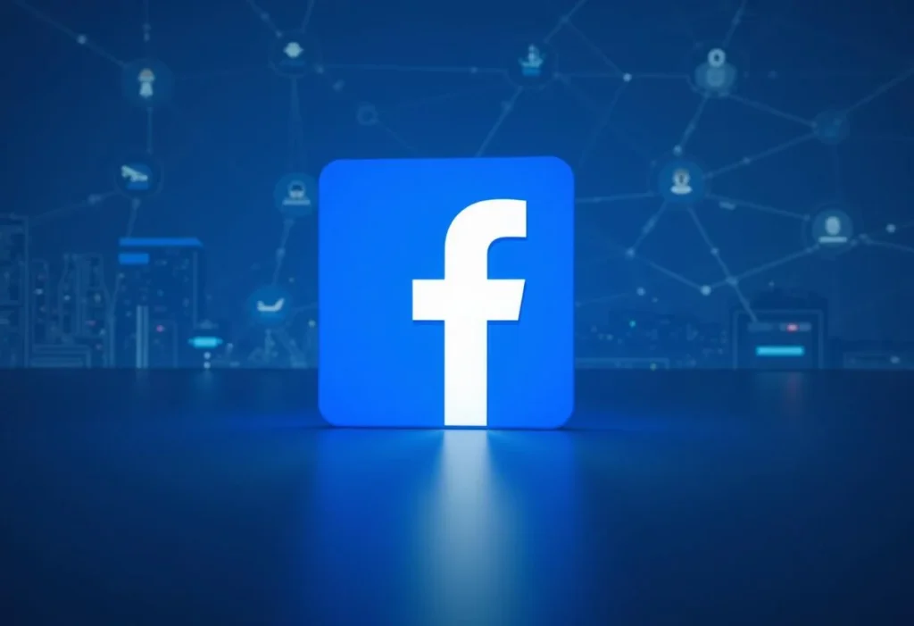 Logo Facebook 3D sur fond bleu avec représentations de réseaux sociaux. L'icône blanche de la lettre « f » dans un carré bleu se démarque, symbolisant la plus grande plateforme de médias sociaux au monde.