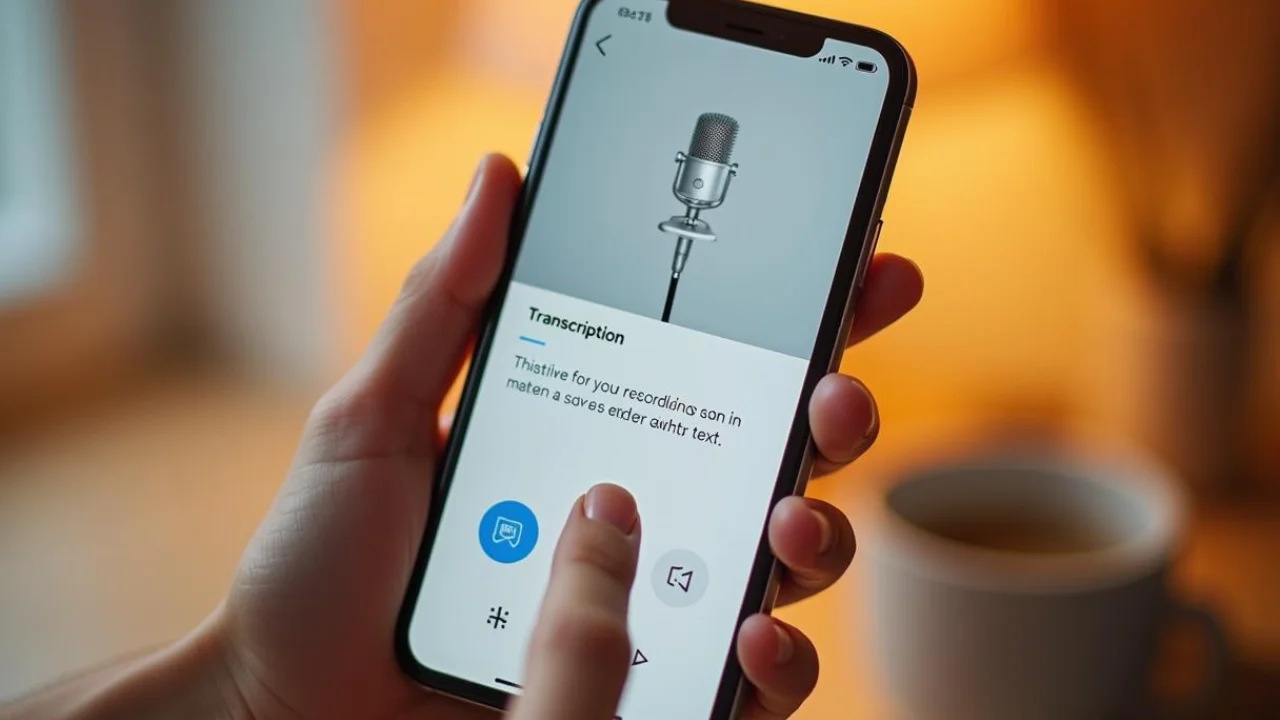 Mano sosteniendo un teléfono celular con una aplicación de transcripción de audio