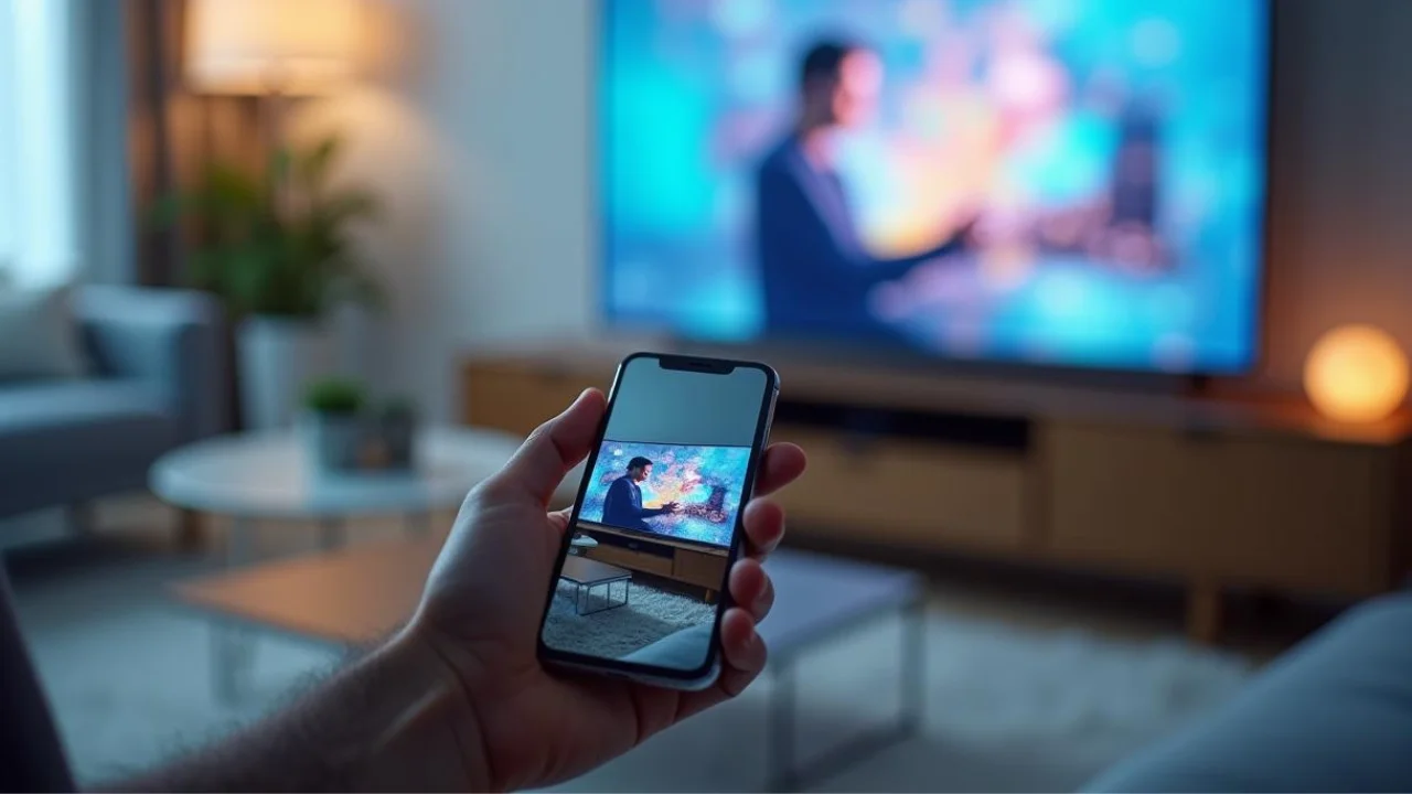 Pessoa segurando celular na mão e espelhando a tela na tv