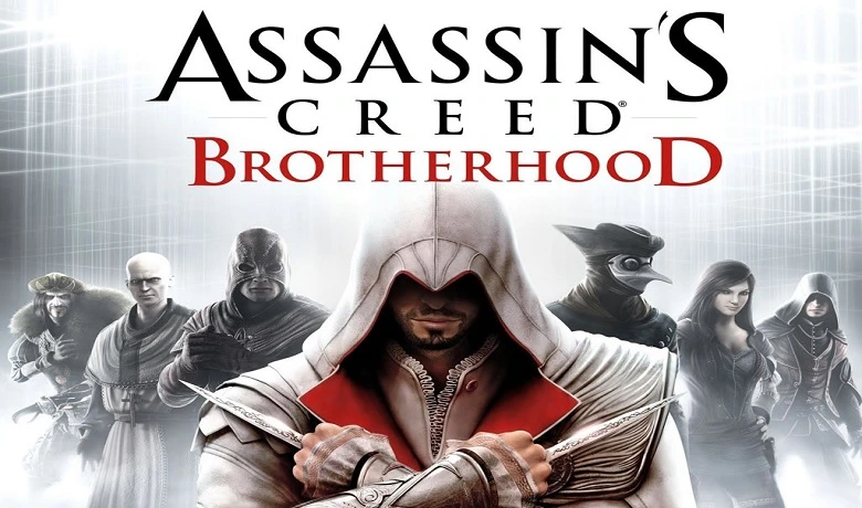 Ezio Auditore, protagonis Assassin's Creed Brotherhood, di sampul game dengan beberapa NPC di latar belakang. 