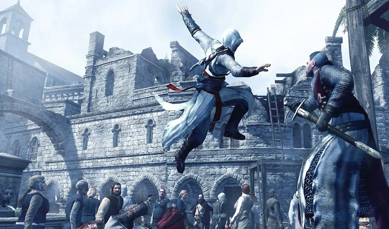 Altair Ibn-La'Ahad, protagonis Assassin's Creed, menghabisi musuh dalam salah satu misi permainan. 