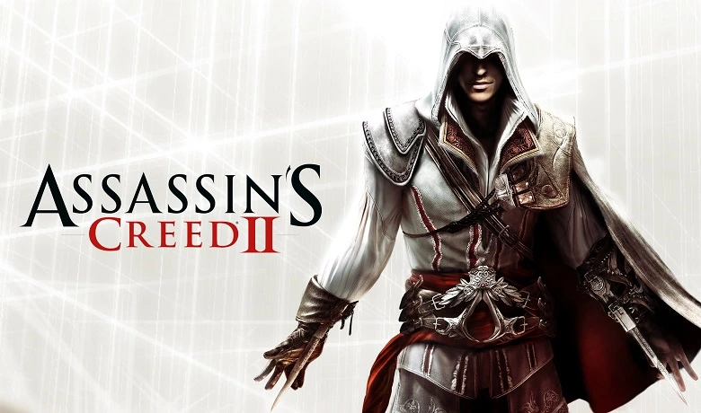 Ezio, protagonis Assassin's Creed 2, di sampul game mengenakan pakaian pembunuh berwarna putih yang berkesan.