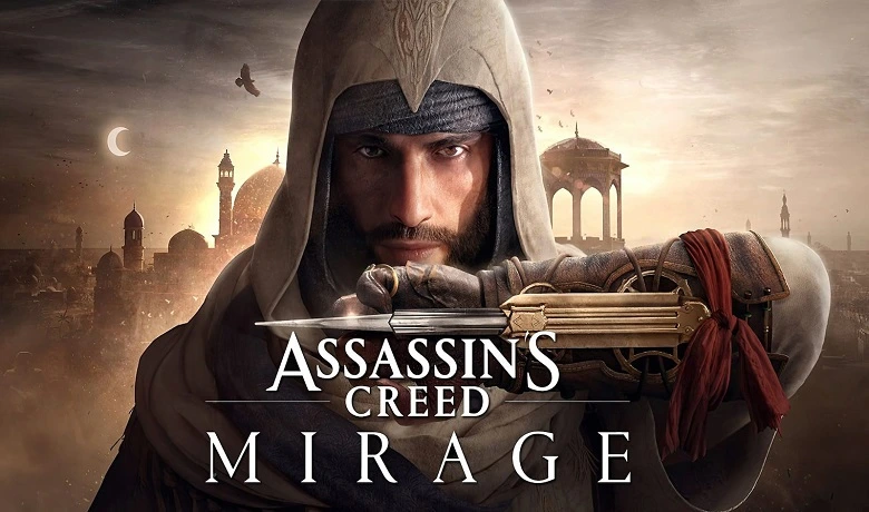 Basim, protagonis Assassin's Creed Mirage, dengan pedangnya tersembunyi di sampul game. 