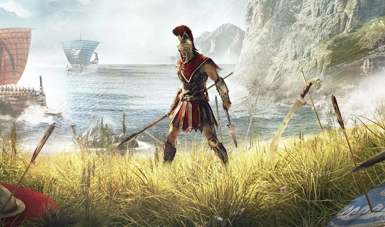 Alexios, protagonis Assassin's Creed Odyssey, di medan perang mengenakan baju besi Spartan. 