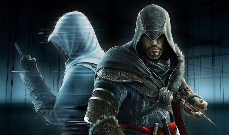 Ezio, dalam hologram, dan Desmond di sampul Assassin's Creed Revelations