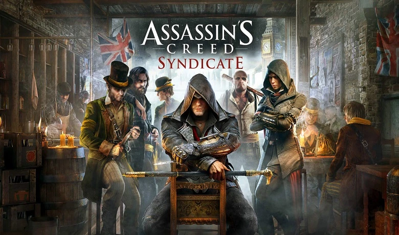 Evie, protagonis Assassin's Creed Syndicate, di sampul game dengan beberapa karakter lain dari game di latar belakang.