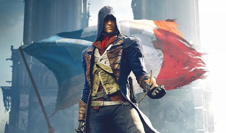 Arno, protagonis Assassin's Creed Unity, di depan bendera Prancis dan dengan Katedral Notre Dame di latar belakang