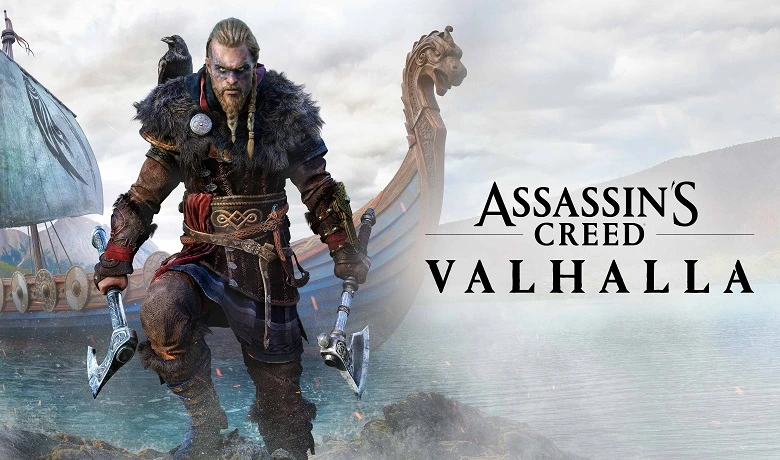 Eivor, protagonis Assassin's Creed Valhalla, dengan dua kapak tempur di tangannya di sampul game