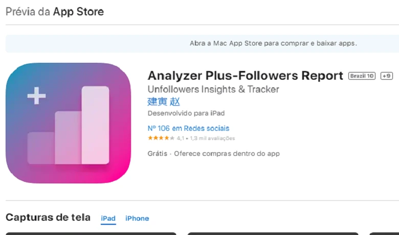 Print da página da Apple Store do Analyzer Plus-Followers com a logo do aplicativo