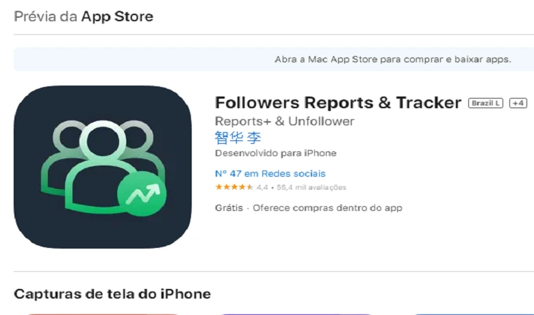 Print da página da Apple Store do Followers Reports & Tracker com a logo do aplicativo