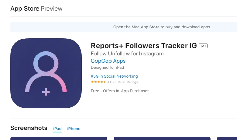 Print da página da Apple Store do reports+ Followers Tracker com a logo do aplicativo