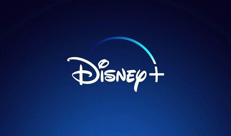 Disney+ logo on a background with different shades of blue