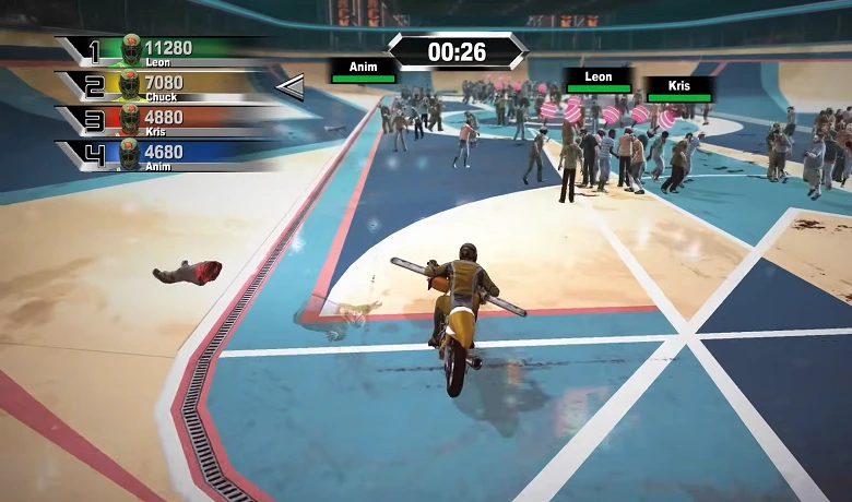 Chuch Greene, protagonis Dead Rising 2, mengendarai sepeda motor dalam mini game tersebut 