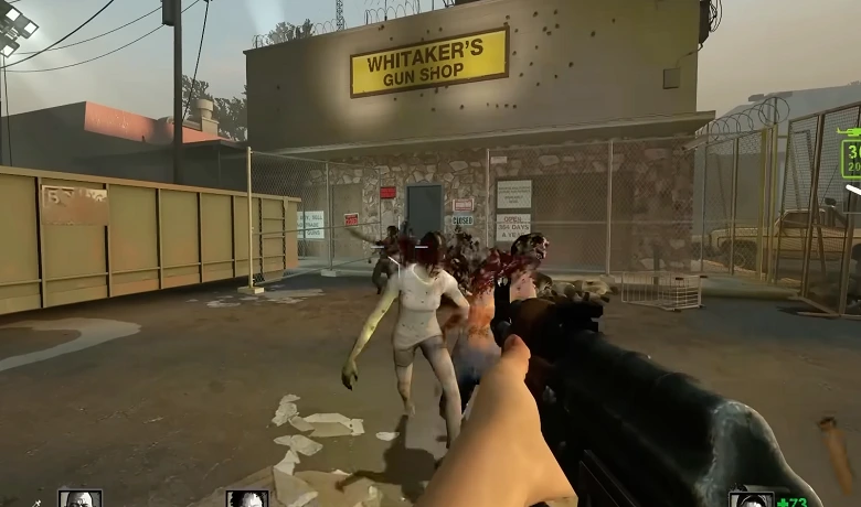 Karakter Left 4 Dead menghilangkan zombie dengan Ak47