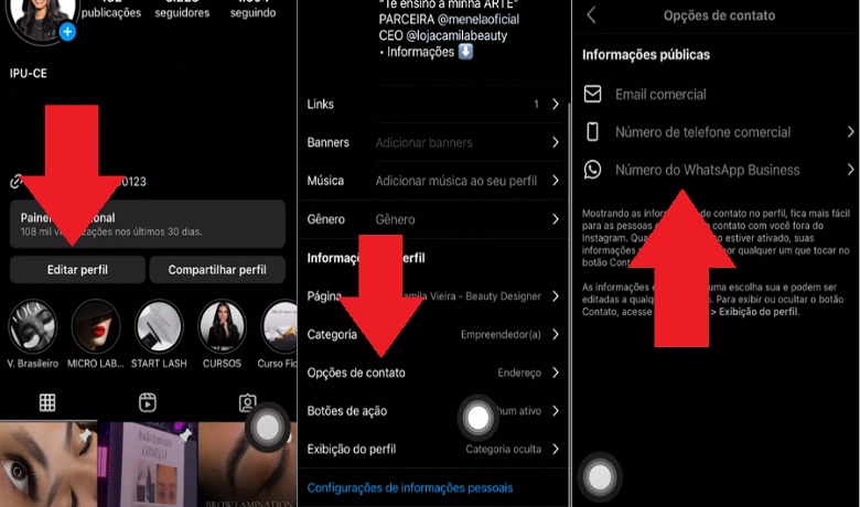 Paso a paso en tres imágenes sobre cómo llegar a la opción "Número WhatsApp Business" que permitirá al usuario colocar un botón de WhatsApp en su perfil de Instagram