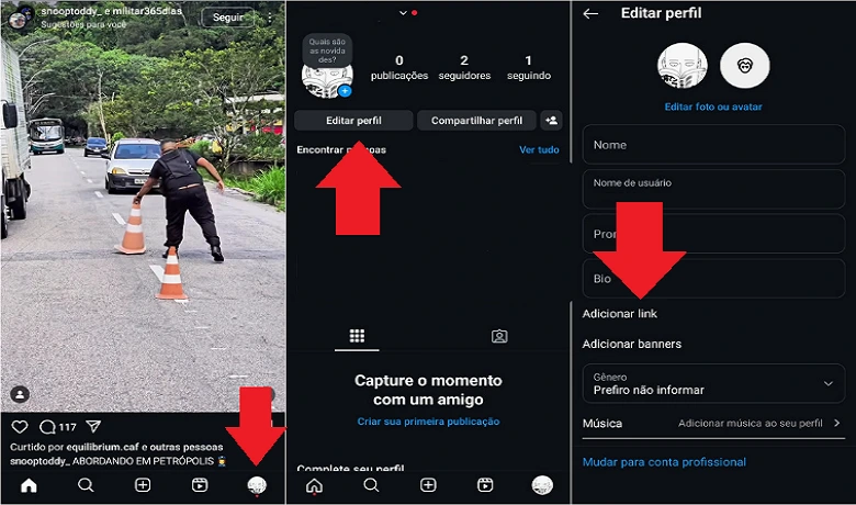 Tiga tangkapan layar di aplikasi Instagram menunjukkan cara menuju opsi "Tambahkan Tautan".