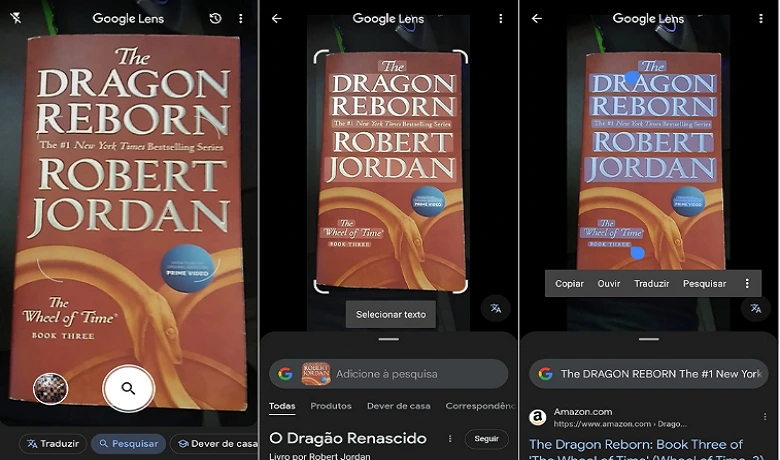 Three screenshots of the step-by-step guide on how to copy text from an image using the Google Lens app. 