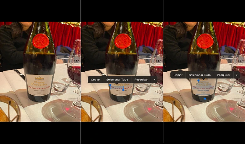 Three screenshots of a photo of a wine. Step by step guide to copy text from image using iPhone