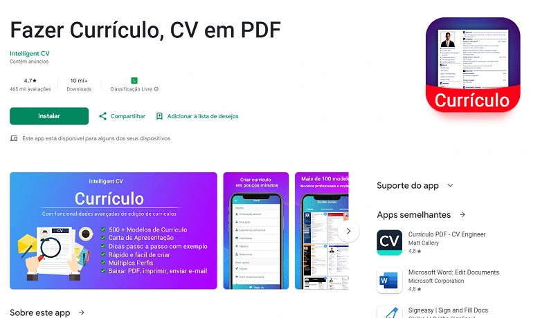 Página de Play Store para la aplicación Make Resume