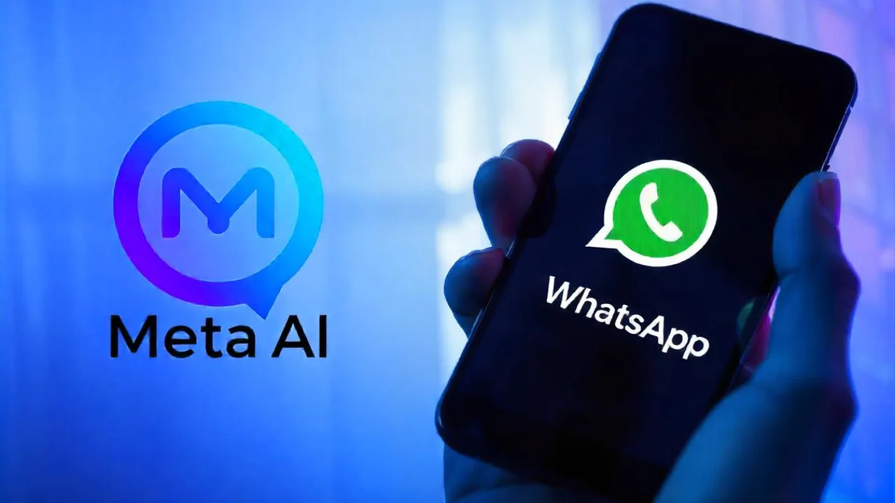 WhatsApp アプリケーションを開いた携帯電話の側面にあるメタ AI