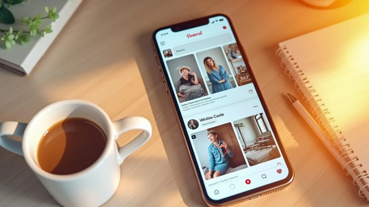 Uma imagem limpa e visualmente atraente mostrando um smartphone com o aplicativo Pinterest aberto na tela. A interface exibe um painel vibrante do Pinterest repleto de pins esteticamente agradáveis, como decoração de casa, moda ou ideias de receitas.