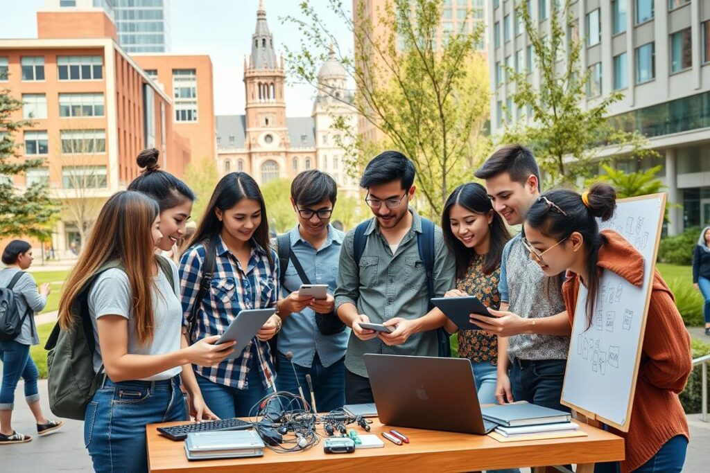 Estudantes empreendedores numa mesa com celulares e equipamentos de trabalho