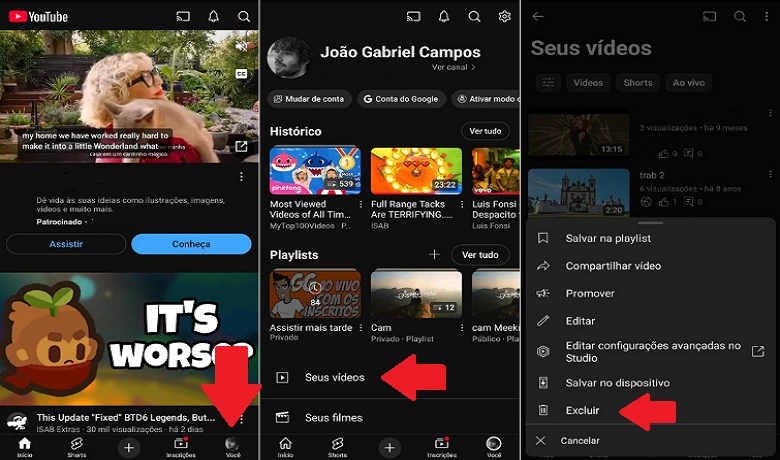 アプリを使用して YouTube チャンネルから動画を削除する方法を段階的に示す 3 つのスクリーンショット。 