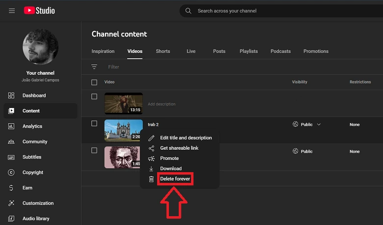 永久に削除するオプションが強調表示された YouTube Studio コンテンツ メニュー。 