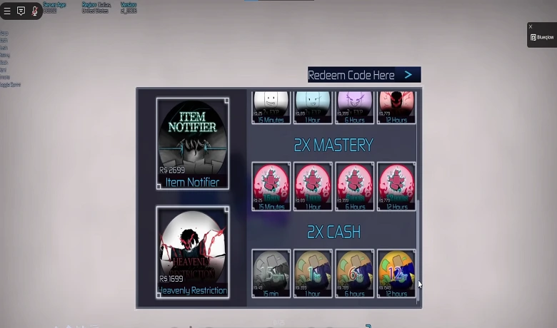 Menu de la boutique de jeux Jujutsu Infinite