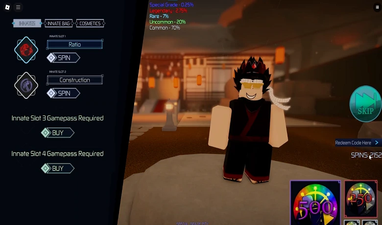 Menu de personnalisation dans le jeu Jujutsu Infinite