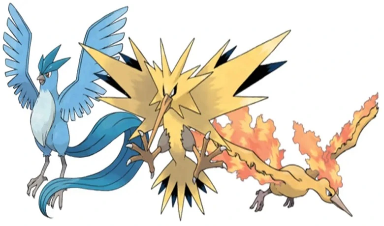 Original designs for the three legendary birds: Articuno, Zapdos and Moltres