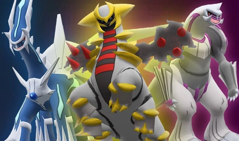 Dialga, Giratina and Palkia, respectively, in an image from one of the Pokémon games