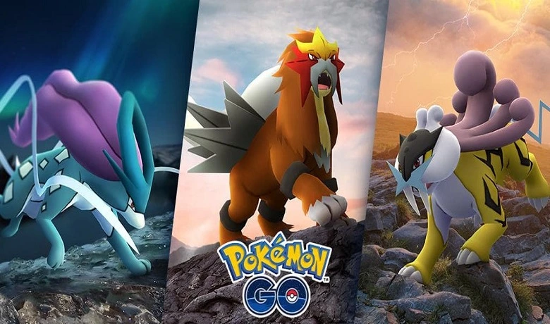 Promotional image of the Game Pokémon Go featuring Raikou, Entei and Suicune