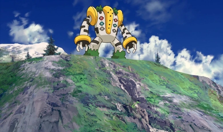 Regigigas on top of a mountain in one of the episodes of the Pokémon anime