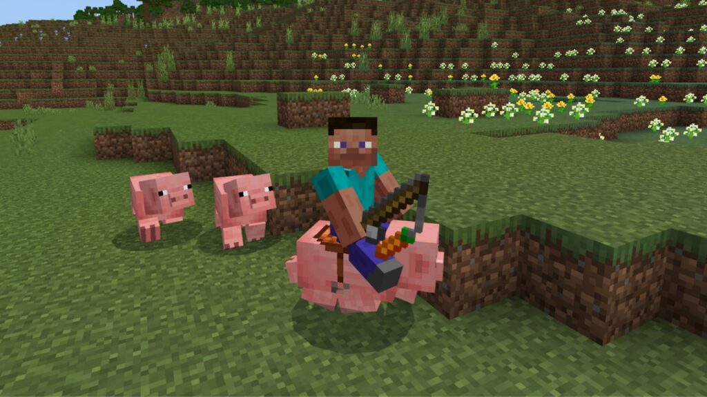 Imagem mostrando jogador montado em um porco no Minecraft
