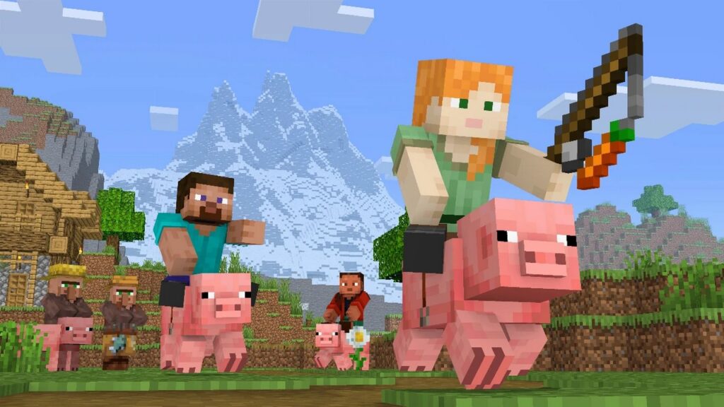 Imagem mostrando diversos personagens de Minecraft montados em porcos e guiando-os com cenouras