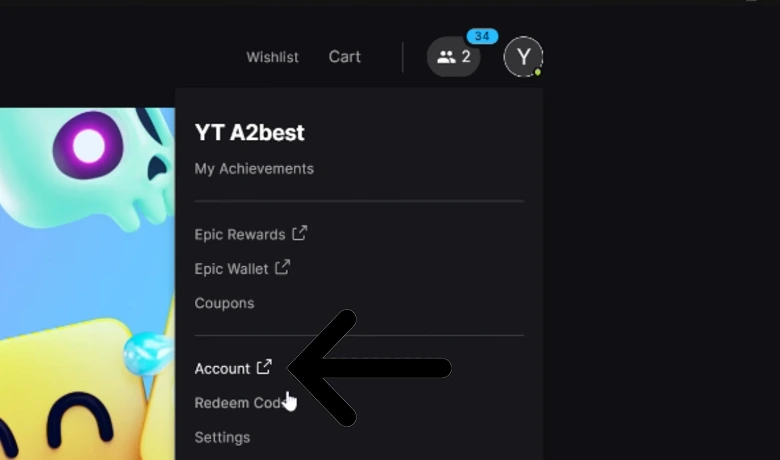 Menu do usuário no site da Epic games.