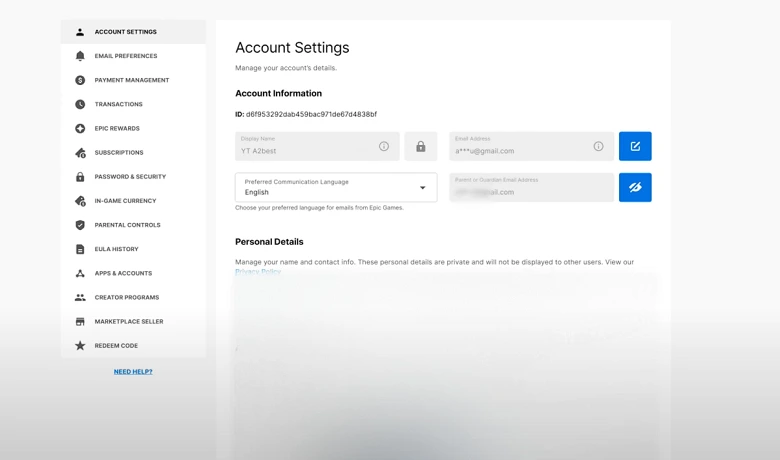 Menu da conta no site da Epic games. mudar o nick no fortnite