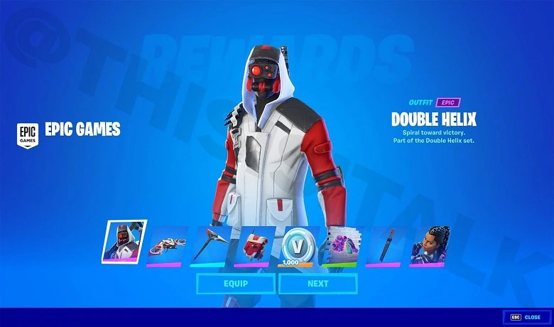 Kulit Double Helix di menu pemilihan kulit Fortnite. 