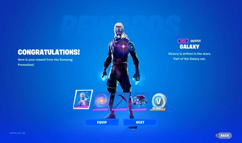 Kulit galaksi di menu pemilihan kulit Fortnite. 