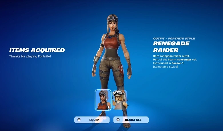 Skin Renegade Rider di menu pilihan skin Fortnite. Karakter Fortnite paling langka