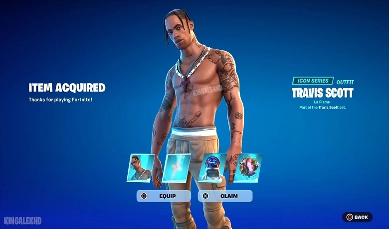 Kulit Travis Scott di menu pemilihan kulit Fortnite. 
