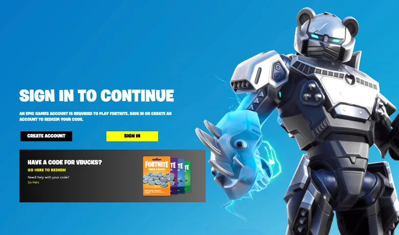 コードを引き換えるためのEpicgamesウェブサイト